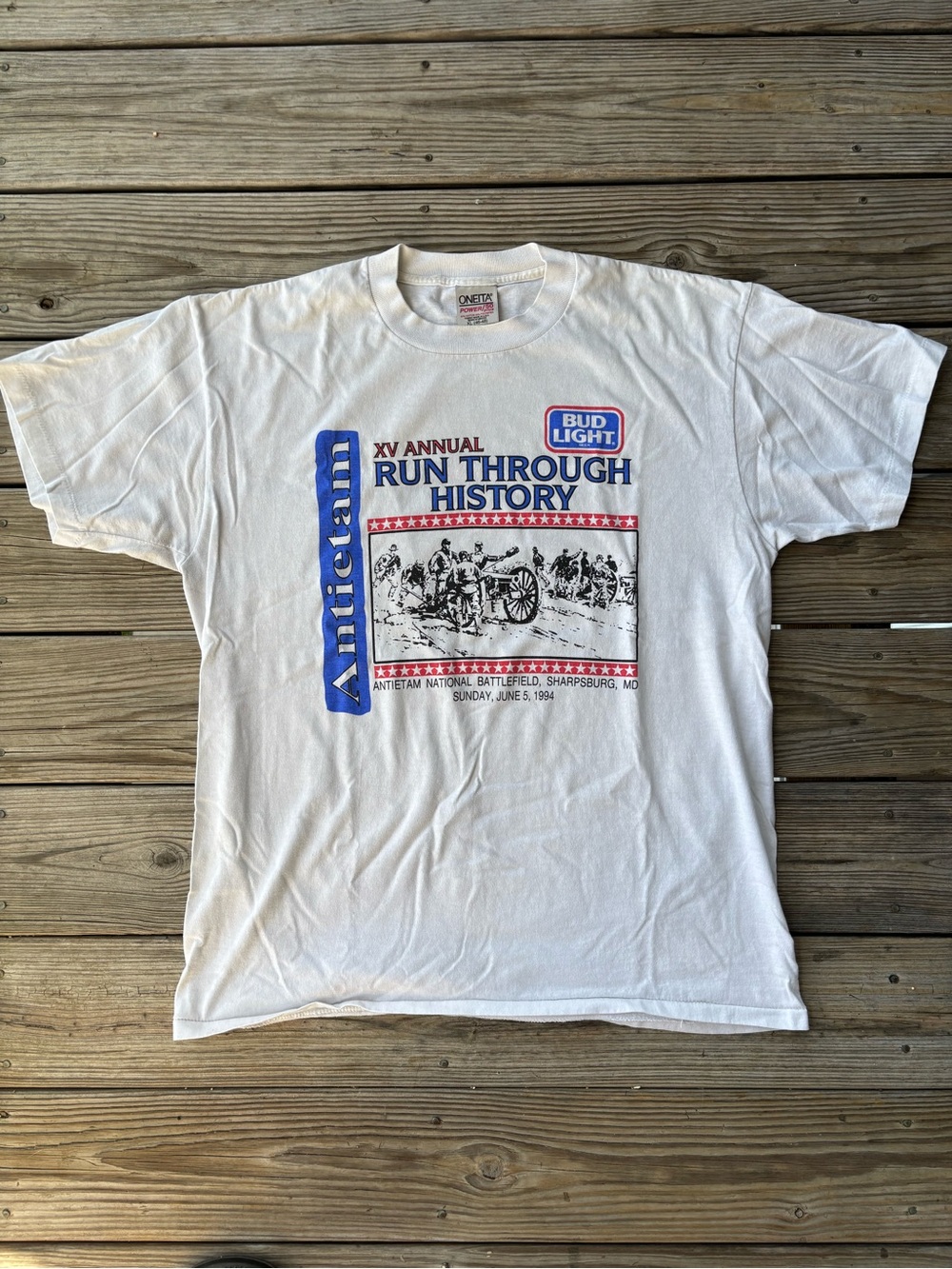 Vintage 1994 Antietam XV Annual "Run Through History" Bud Light White T‑Shirt